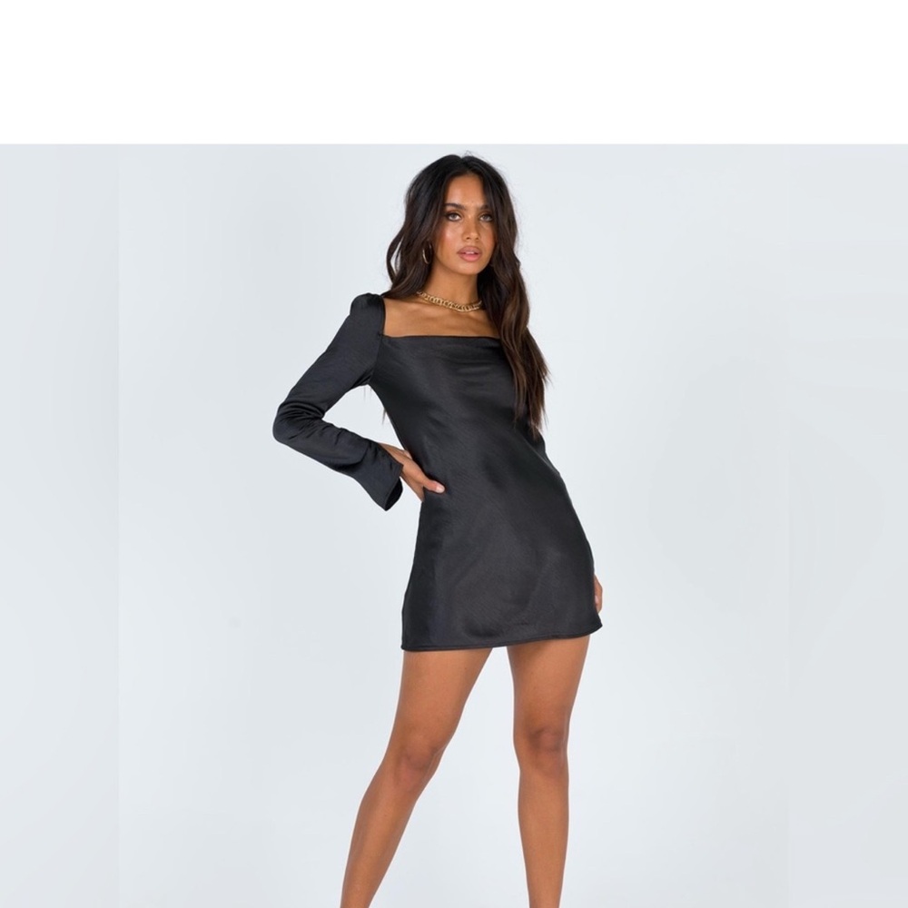 Princess Polly Satin Black Long Bell Sleeve‎ Cowl Neck Fit and Flare Mini Dress